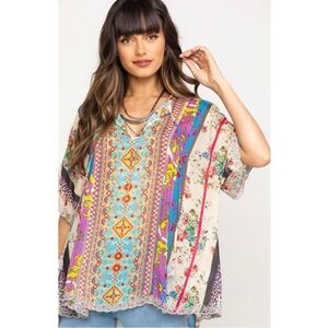 Johnny Was Women's Multicolor Drape Tunic Size XL Dolman sleeves, lace trim.